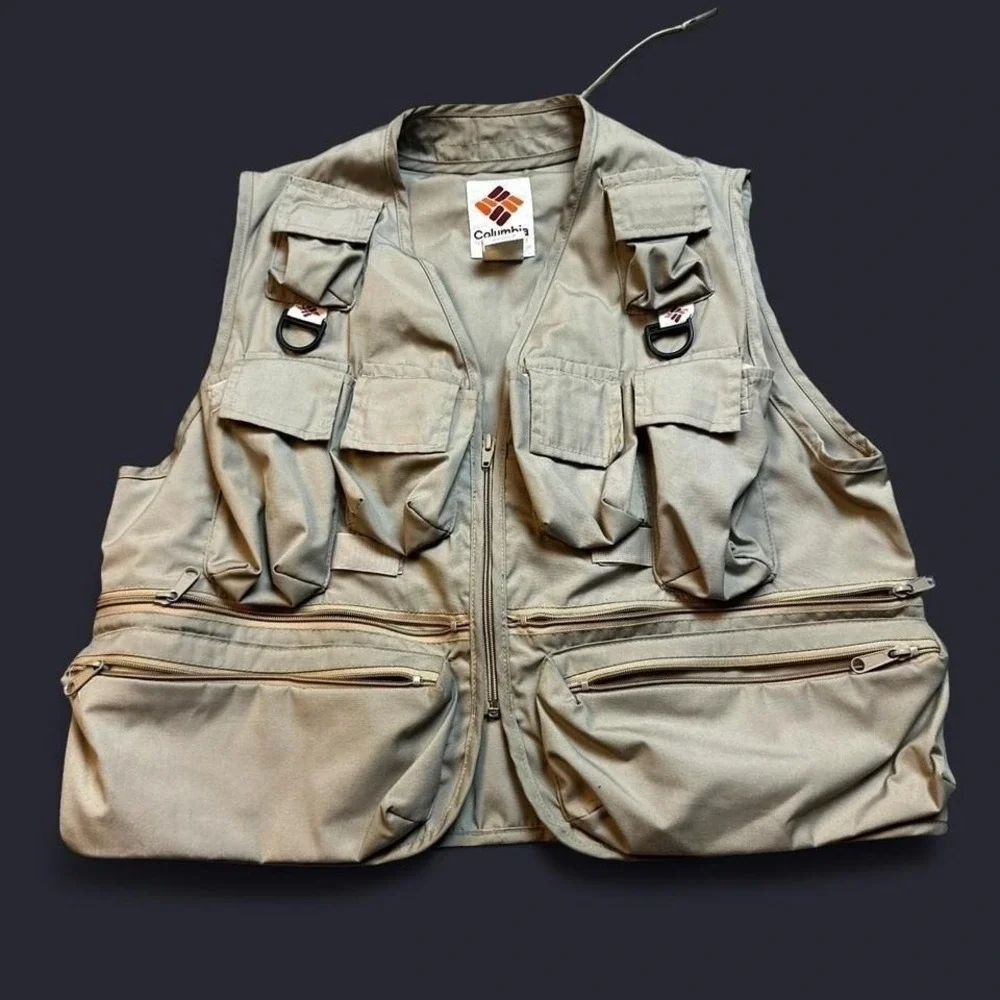 Vintage‎ Columbia Vest Medium Tan Fishing Hunting Multi Pocket Made USA 90s